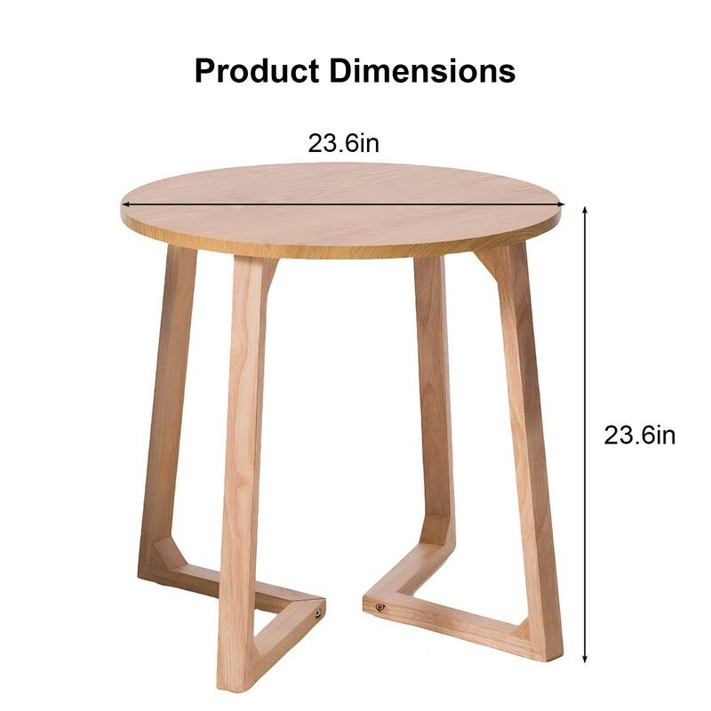 24" Round End Table, Mid Century Modern Solid Wood Sofa Side Table with V-Shaped Legs, Small Coffee Table for Small Space