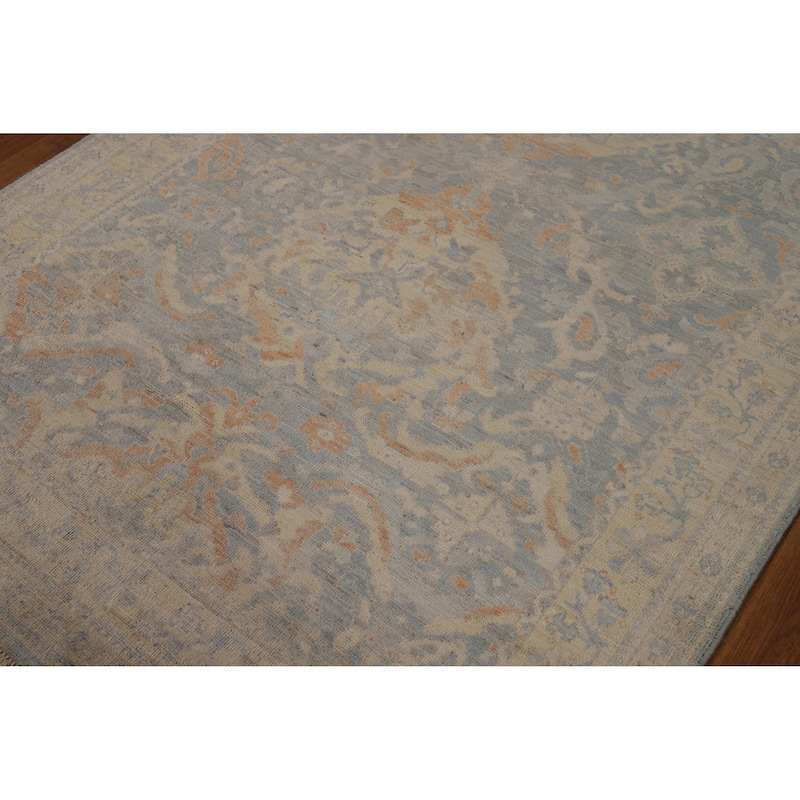 Vegetable Dye Floral Oushak Turkish Area Rug Blue Handmade Wool Carpet - 5'0"x 7'11"