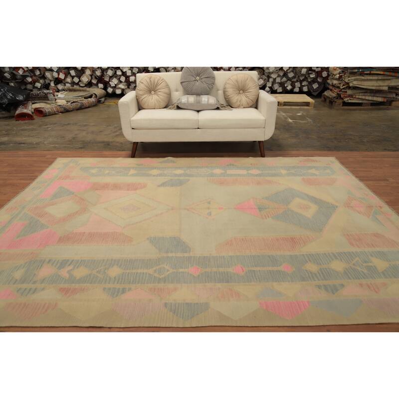 Hand Woven Oriental 100% Wool Carpet Southwestern Tribal Multi-Colored Kilim Area Rug - 9' 10'' X 7' 11''