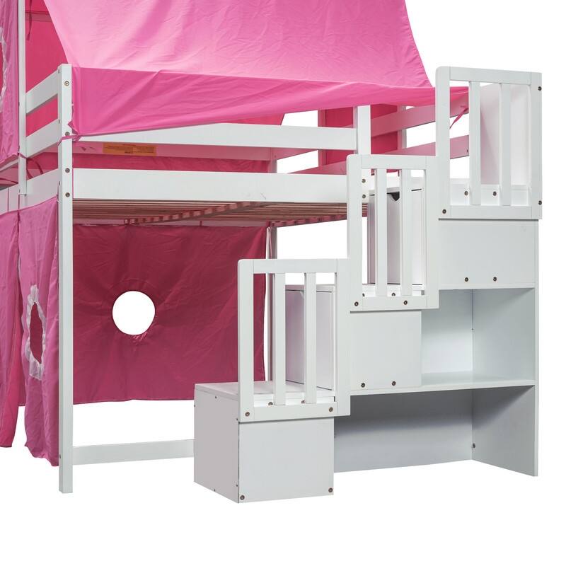 Wooden Full Size Loft Bed with Tent and Tower