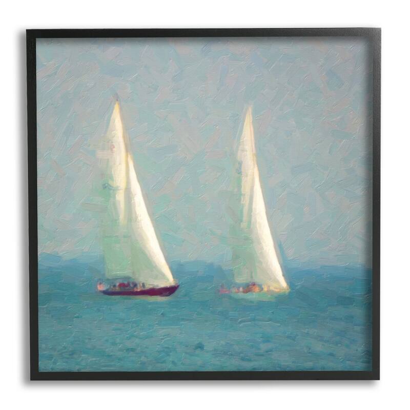 Stupell Two Sailboats Floating Foggy Ocean Weather Painting Framed Wall Art, Design by Graffitee Studios - Blue - 12 x 12 - Black