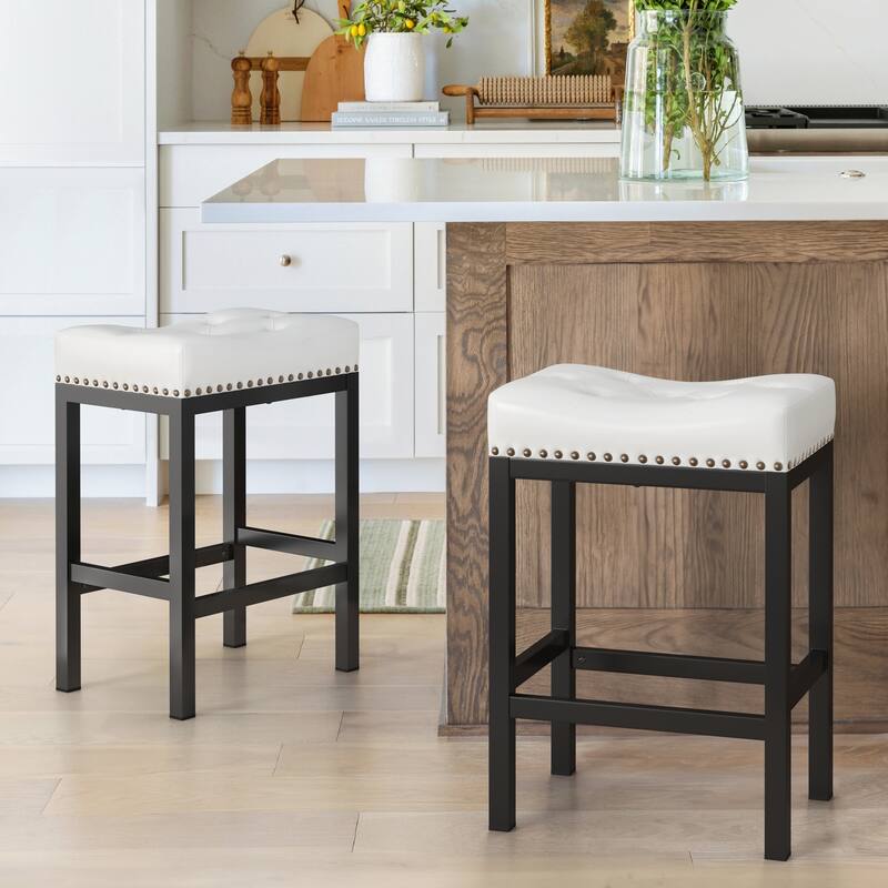 Backless Cushioned Faux Leather Bar Stools Counter Height Stools with Metal Frame - 24" H - Set of 2 - White