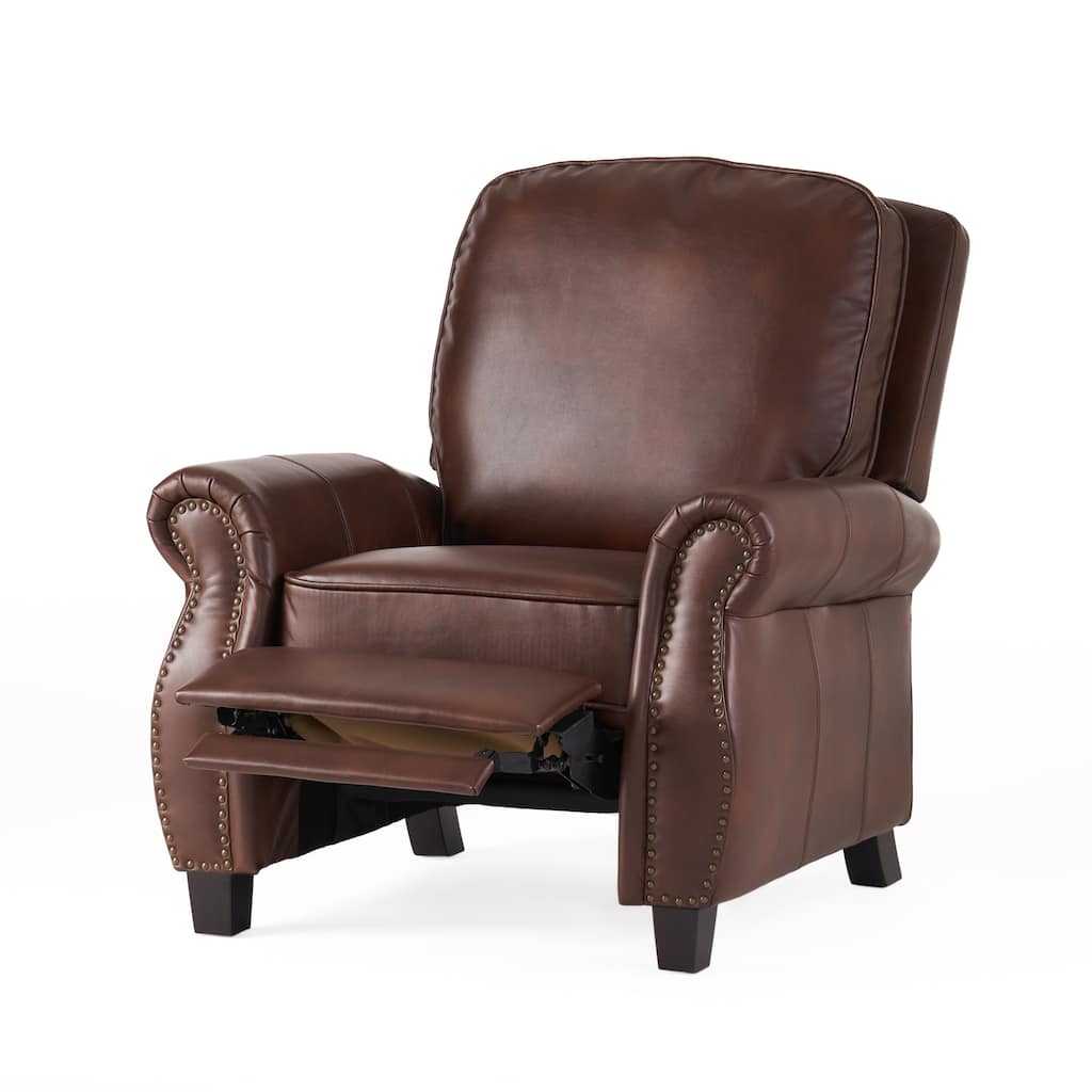 Roomfitters Push Back Recliner Chair, Classic Leather Recliner with Nailhead Trim for Living Room, Brown