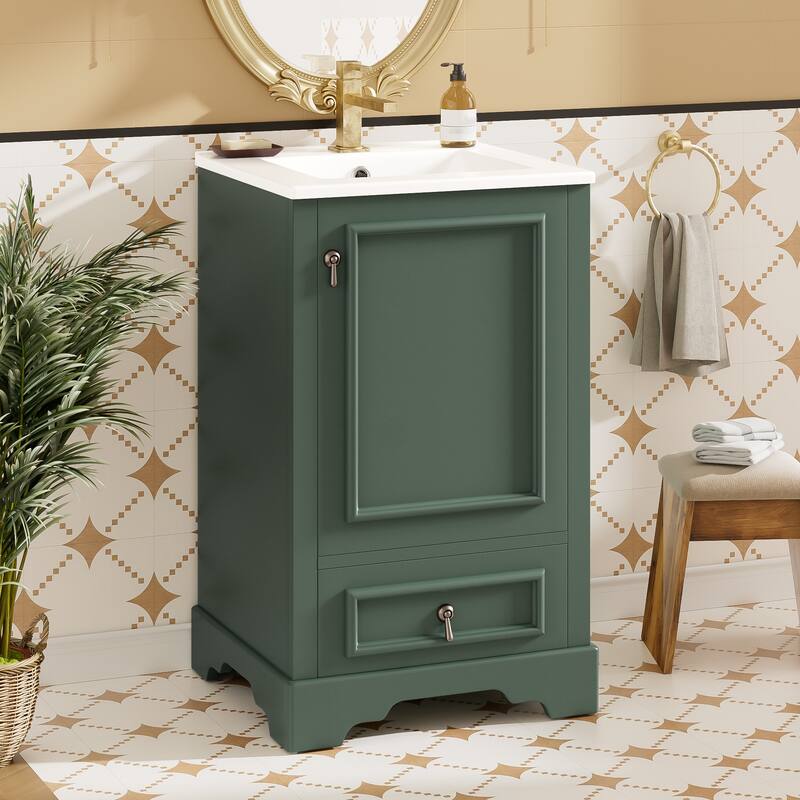20" Bathroom Vanity with Ceramic Sink Bathroom Storage Cabinet with Adjustable U-Shaped and Drawer