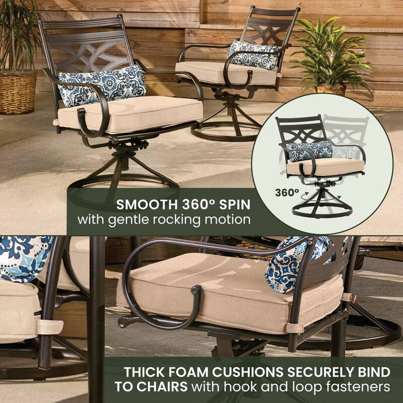 Hanover Montclair 11-Piece Dining Set in Tan with 10 Swivel Rockers and a 60-In. x 84-In. Table