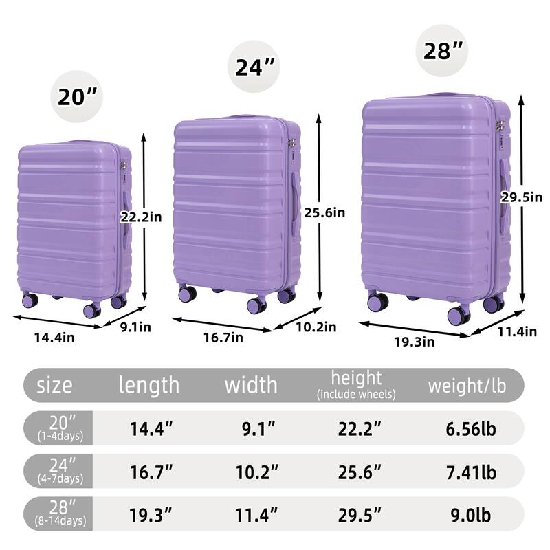 20IN 24IN 28IN 3 pcs/set in ABS Spinner Wheel Luggage, Matching Color, With Combination Lock