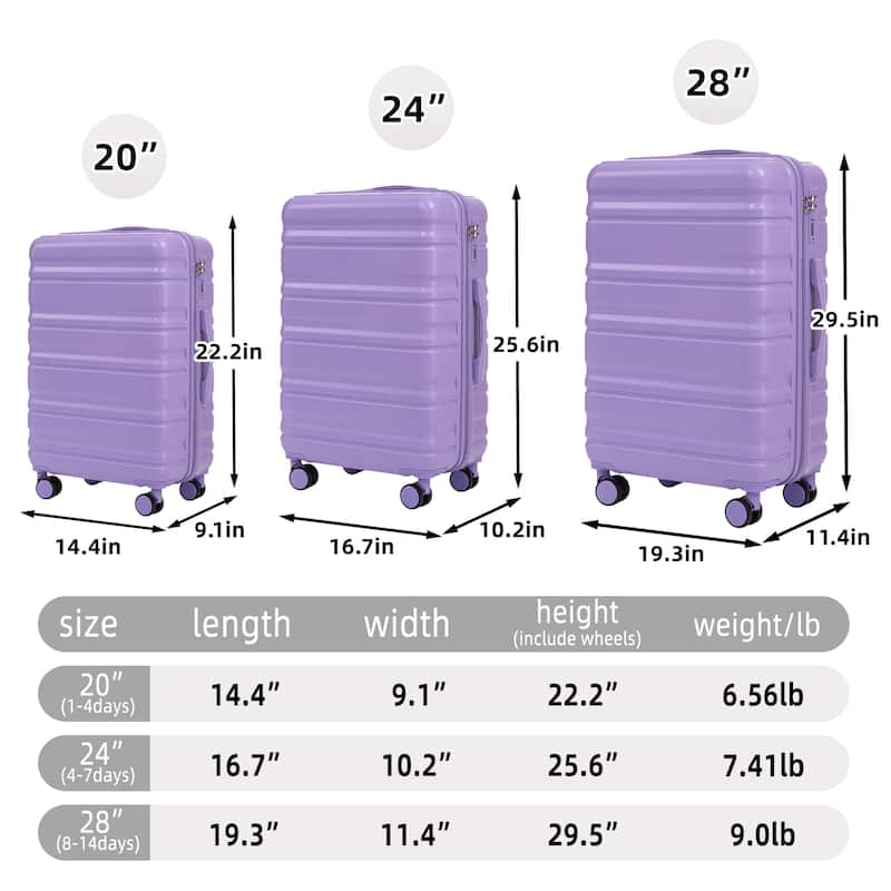 3-Piece, 20, 24, 28-Inch Modern Luggage Sets with Side Handle, Swivel Wheels and Combination Lock, for Boarding Travel