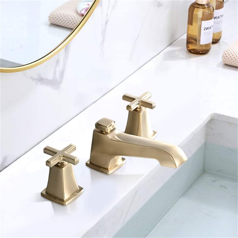Widespread Bathroom Faucet with Drain Assembly High-arc 8 Inch Bathroom Sink Faucet 3 Holes Double Cross Handle Vanity Basin Tap - Brushed Gold