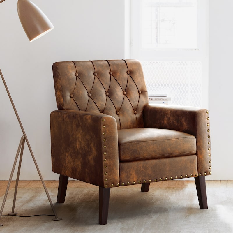 LUE BONA Linen and Walnut Legs Mid Century Modern Button Tufted Accent Chair - 29.53'' H X 30'' W X 33.07'' D - Brown Faux Leather