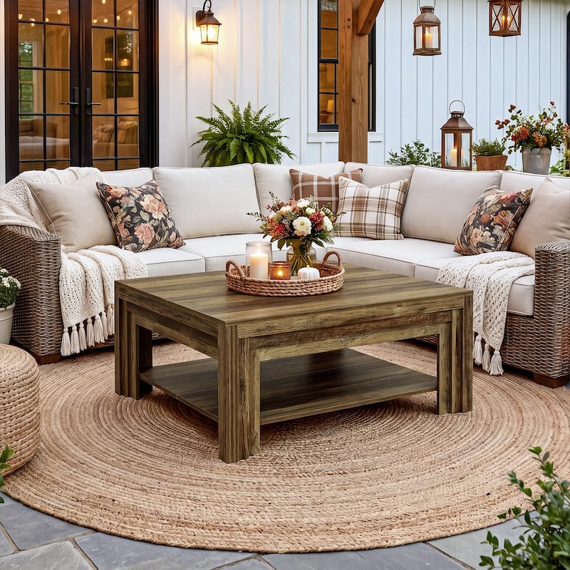 39 Inch Square Coffee Table, Rustic Farmhouse Center Tea Table - Brown