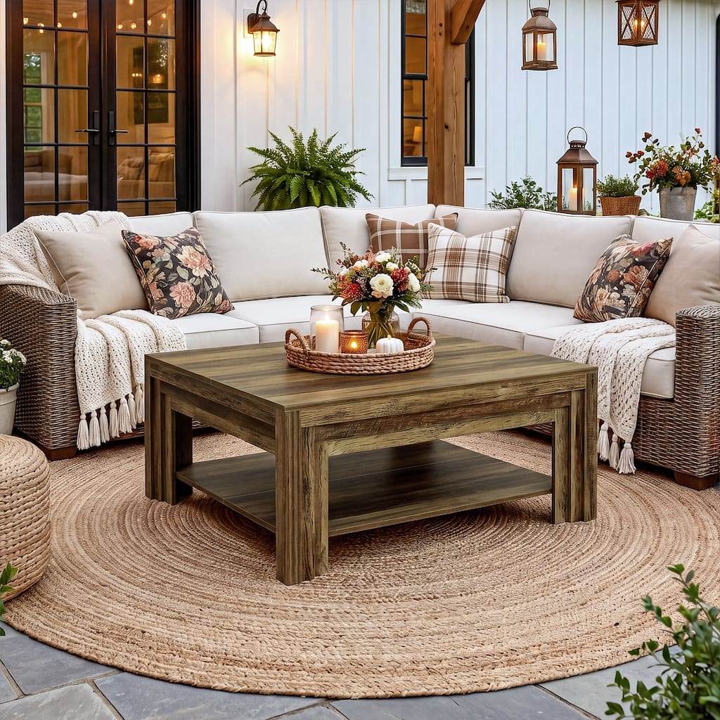 39 Inch Square Coffee Table, Rustic Farmhouse Center Tea Table
