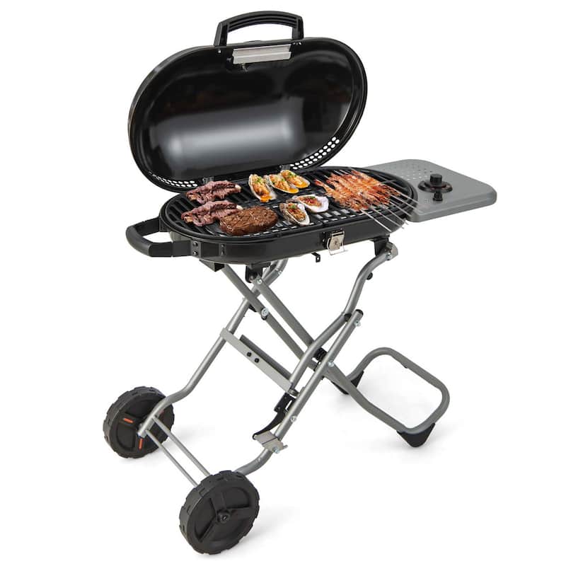 Portable Propane Folding Gas Grill Griddle with Wheels & Side Shelf - Black