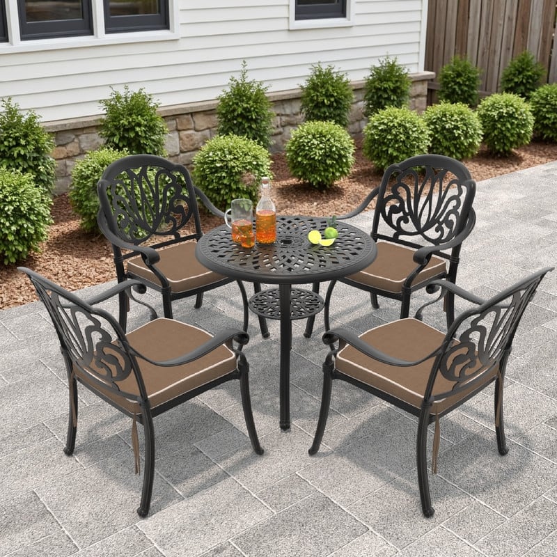 5-Piece Cast Aluminum Outdoor Dining Set with Brown Cushions