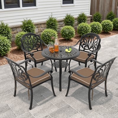 5-Piece Cast Aluminum Outdoor Dining Set with Brown Cushions