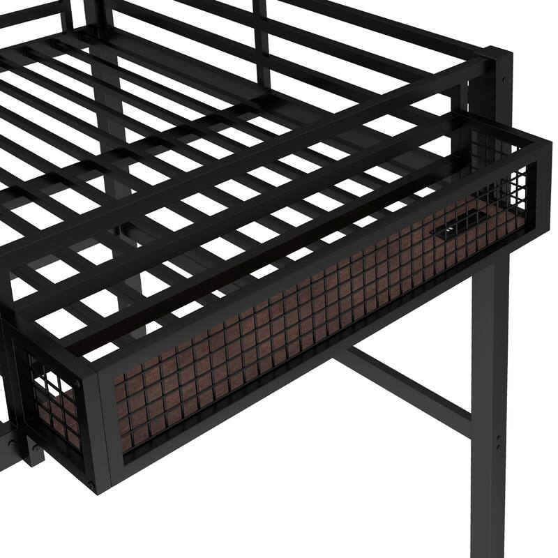 Modern Industrial Queen Size Loft Bed Frame with Desk, Pegboard and Clock, Storage Basket with Built-in Charging Station