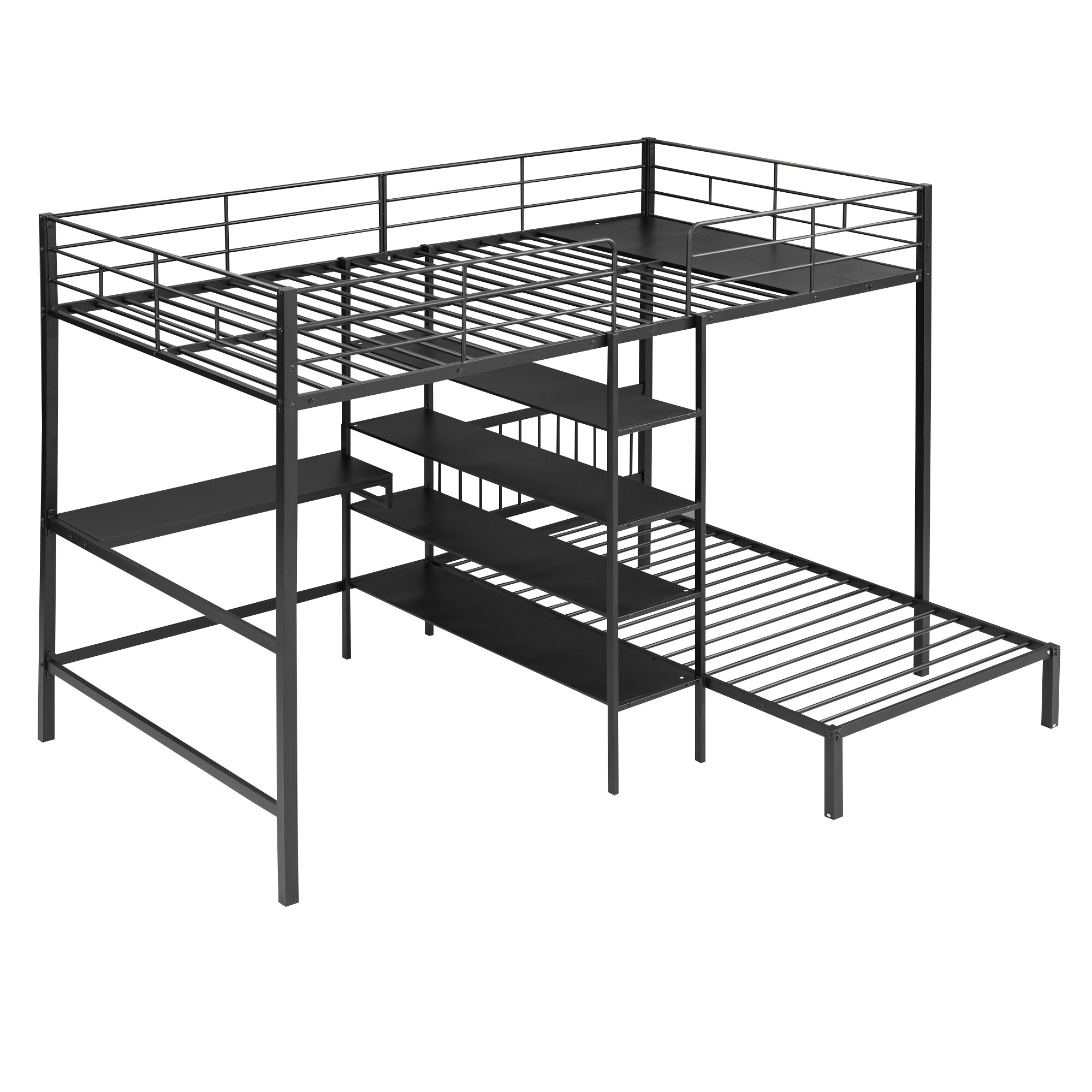 Full Over Twin Metal Bunk Bed with Built in Desk L Shaped Loft