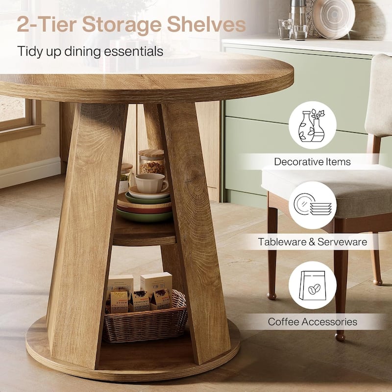 31.5" Small Round Wood Dining Kitchen Table for 2 with Storage Shelf - 31.5" W x 31.5" D x 29.5" H
