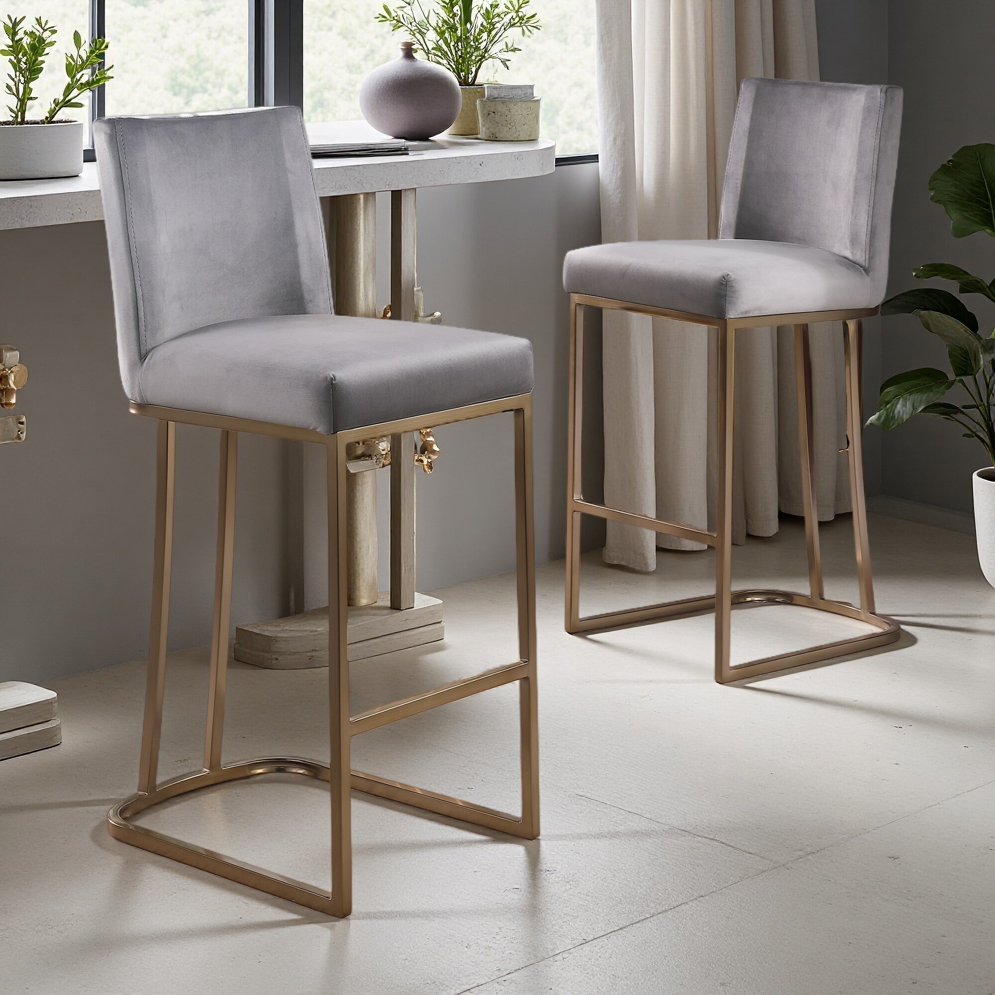 37.4"H Set of 2 Velvet Fabric Upholstered Bar Stools with Back - Modern Counter Height Kitchen & Pub Dining Chairs