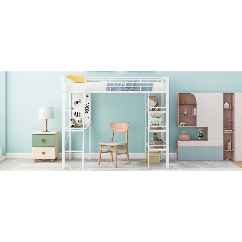 Twin Size Loft Metal Bed with 3 Layers of Shelves & Desk