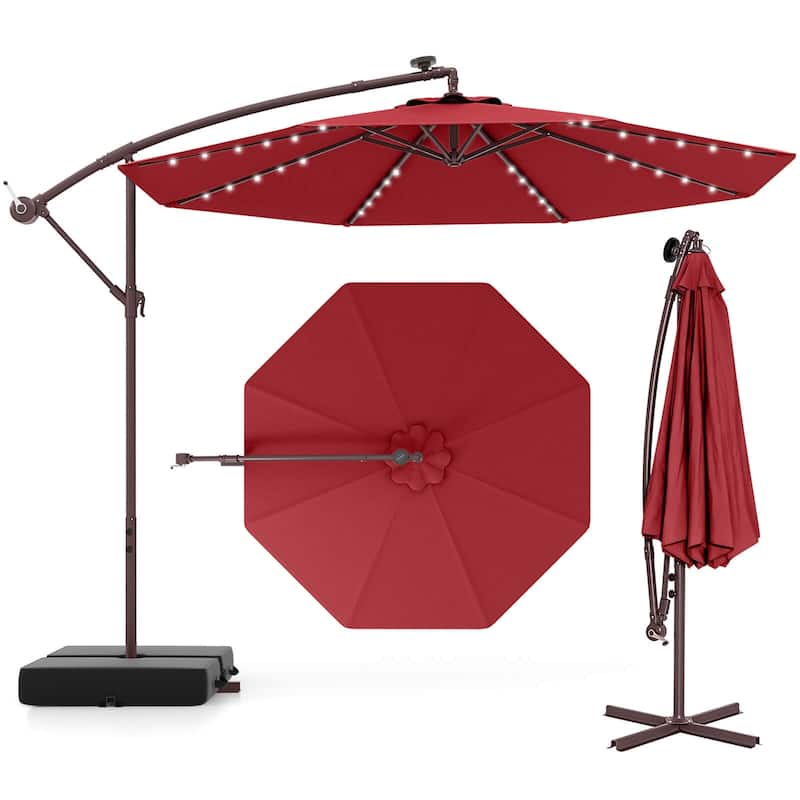 Costway Patio 10FT Hanging Offset Umbrella 32 LED Lights Sand Bag - Wine