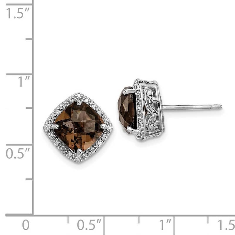 Curata 925 Sterling Silver Polished Post Earrings Smokey Quartz and Diamond Earrings - 13x13mm Wide