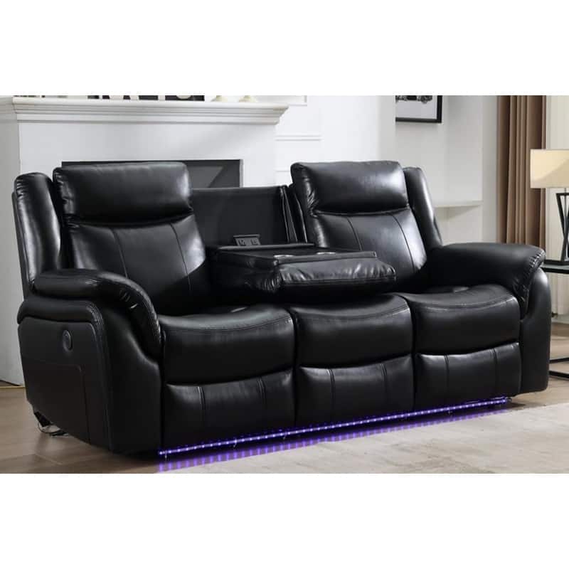 Power Reclining Sofa with Wireless Charger,Reading Light,LED Light for Living Room,Faux Leather,AC/USB Port,Cup Holder,Black