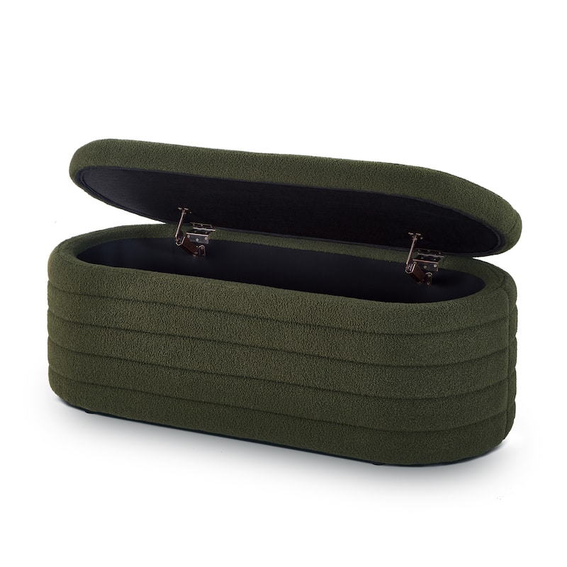 Modern Oval Storage Ottoman Bench Dark Green Boucle Teddy Fabric for Bedroom Living Room