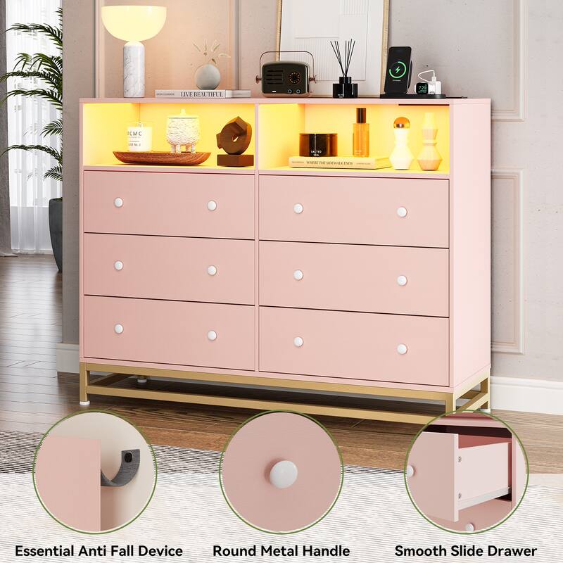 6 Drawer Dresser with LED Lights Modern Large Capacity Storage Cabinet