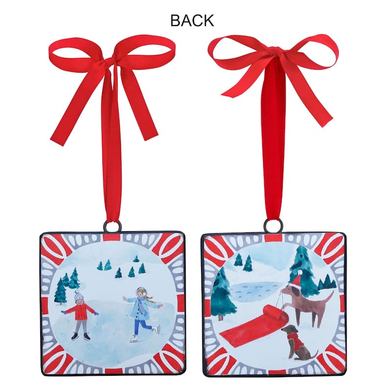 Winter Sledding and Tree Decorating Christmas Tag Ornaments - 5" - 12ct