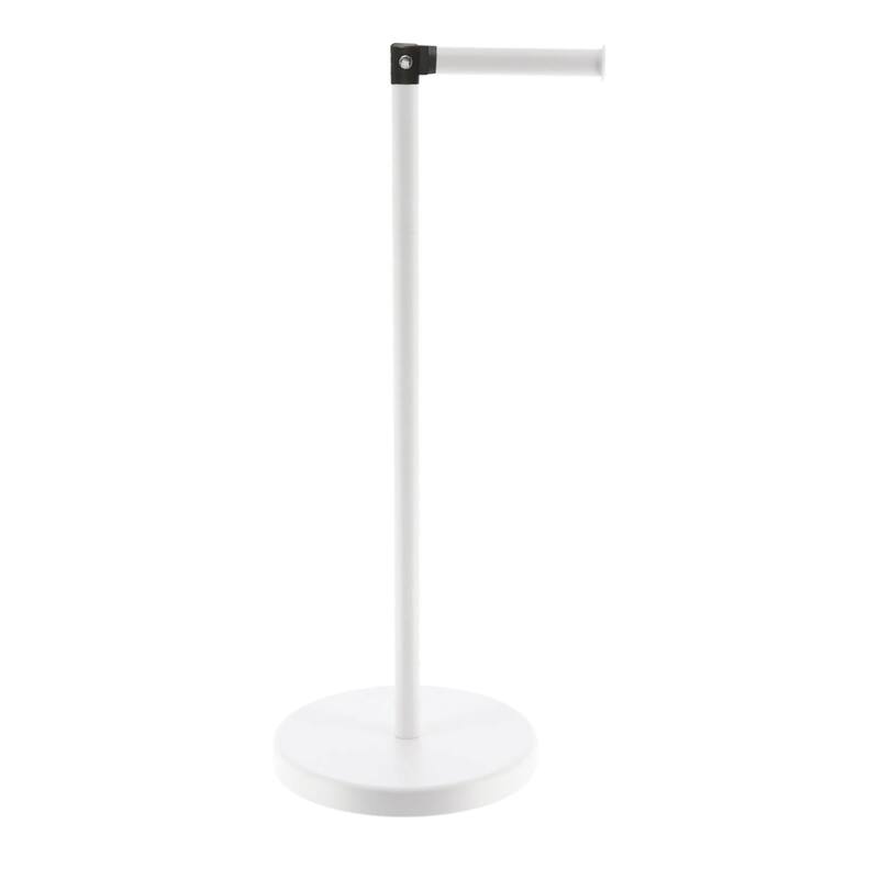 Sleek Toilet Paper Holder with Folding Arm and Reserve Compact Freestanding Metal Holder - Diameter 8 inches X 22" H - White