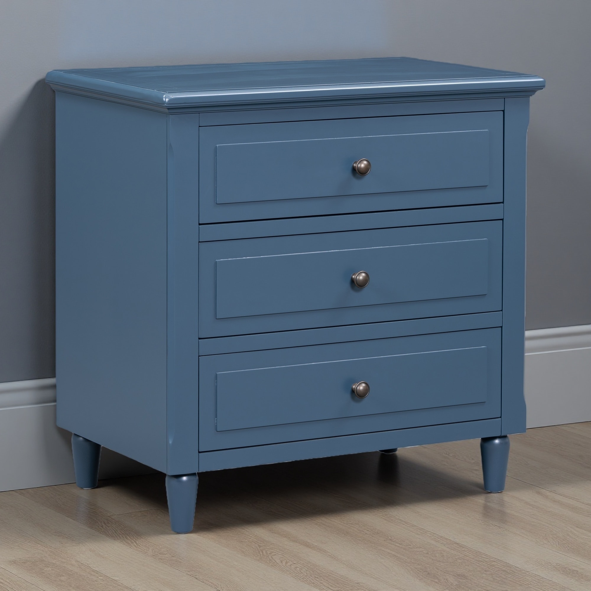 28"L MDF & Pine Wood 3-Drawer Nightstand with Smooth Gliding Rails, Metal Handles & Rubber Wood Legs — Bedside Table for Bedroom