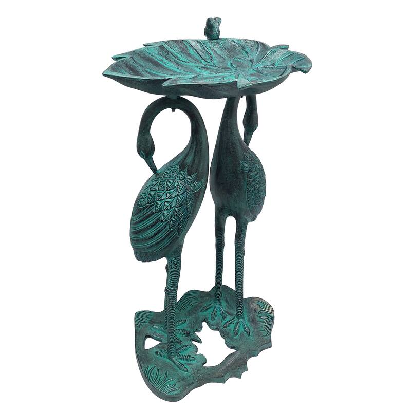 Cast Aluminum 30-in Twin Crane Bird Bath with Leaf Bowl