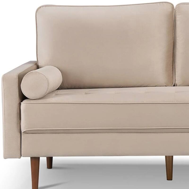 HomeRoots 69" Beige Velvet Sofa And Toss Pillows With Dark Brown Legs - 69