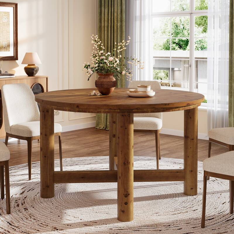 47 Inch Solid Wood Round Dining Table for 4-6 People, Farmhouse Style - 47.24" L x 47.24" W x 29.53" H