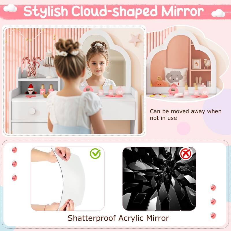 Children's Vanity Table and Stool Set with Mirror and Drawers Cabinet for Bedroom or Playroom - 31.5" x 16" x 38.5" (L x W x H)
