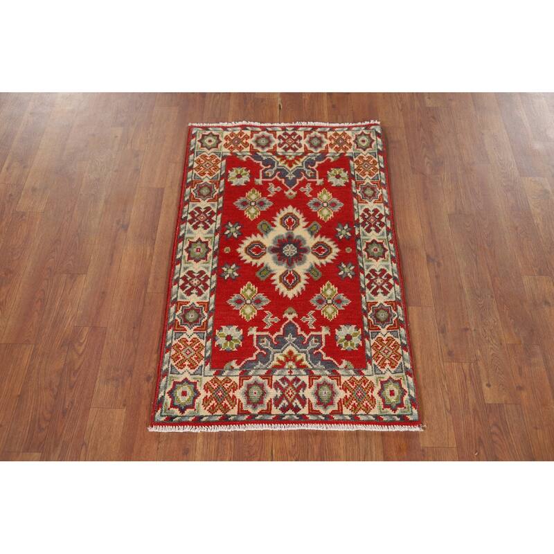 Red Kazak Oriental Foyer Rug Hand-Knotted Geometric Wool Carpet - 2'0" x 3'1"