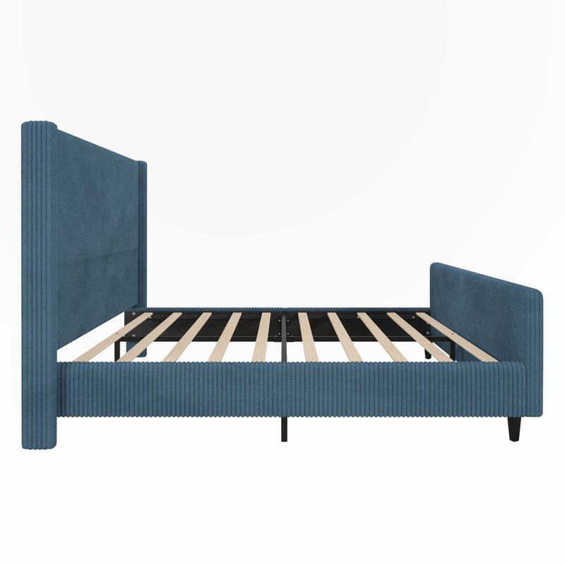 Corduroy Upholstered Bed Frame with Vertical Stripe Wingback and High Footboard