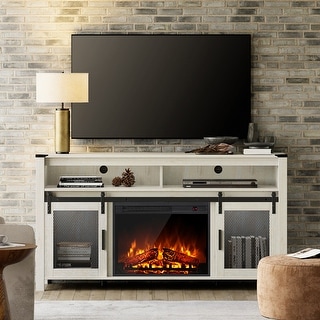 Rustic Wood Fireplace TV Stand with Mesh Barn Doors for Living Room ...