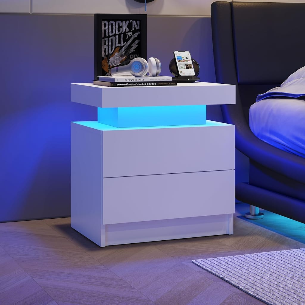 Nightstand LED Bedside Table Cabinet, Chest Sofa Side Bedside Storage End Table, Modern End Side with 2 Drawers for Bedroom