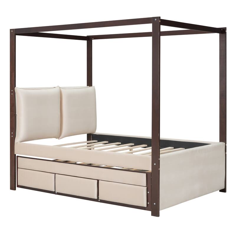 Full Size Upholstered Daybed Canopy Bed with Pullout Trundle Bed Bed