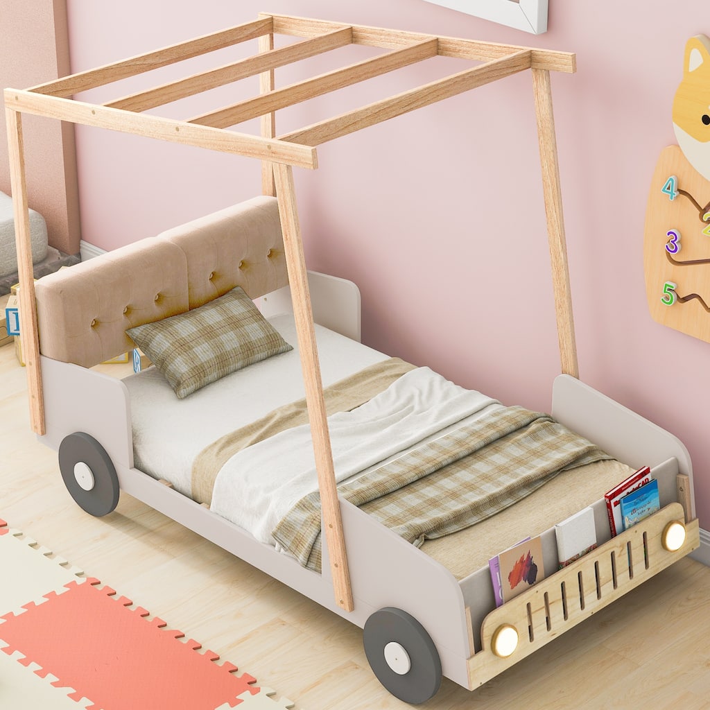 Wood Twin Size Car Bed with Pillow, Ceiling Cloth, LED and Canopy Frame, Wood Kid Bed Frame, No Box Spring Needed