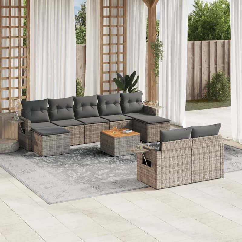vidaXL Garden Sofa Set 10 Piece with Cushions Outdoor Sofa Set Poly Rattan - 24.4 x 24.4 x 27.2 in (W x L x H) - Grey