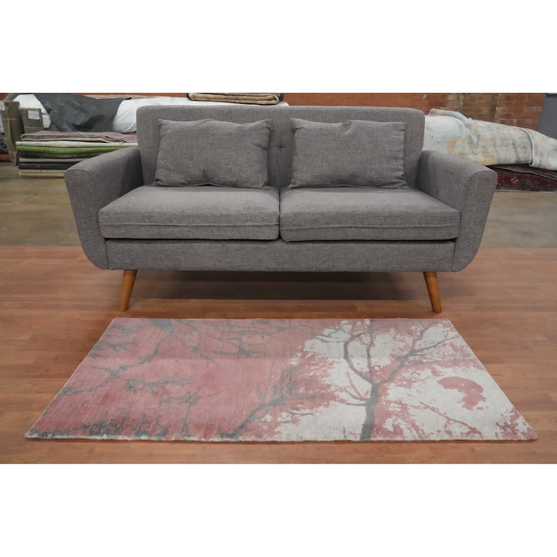 Hand Knotted Oriental Viscose Silk Carpet Modern All-Over Oranges & Rust Abstract Runner Rug - 4' 7'' X 2' 4''