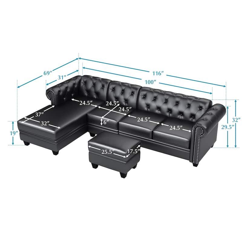 116" Chesterfield Sectional Sofa Set, PU Leather 4-Seat Living Room Set with Storage Ottoman ,Nailheaded