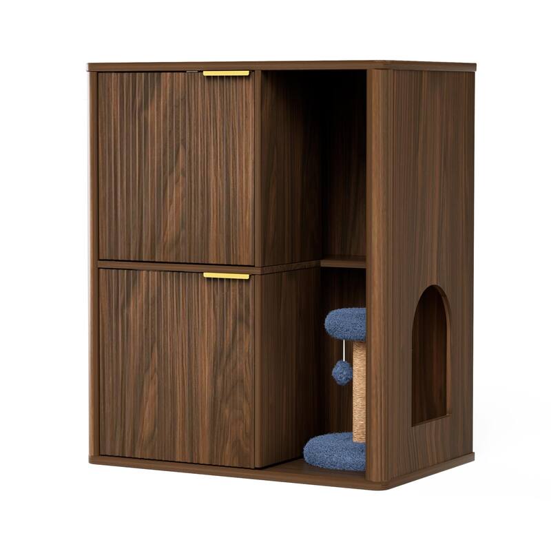 Anmytek Modern Cat Litter Box Enclosure with Cat Tree and Scratching Posts Walnut Finish Side Cabinet