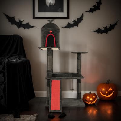 53" Gothic Cat Tree with Coffin Bed, Condo, Scratching Posts & Toys - 31.5 x 32.3 x 53.5 In