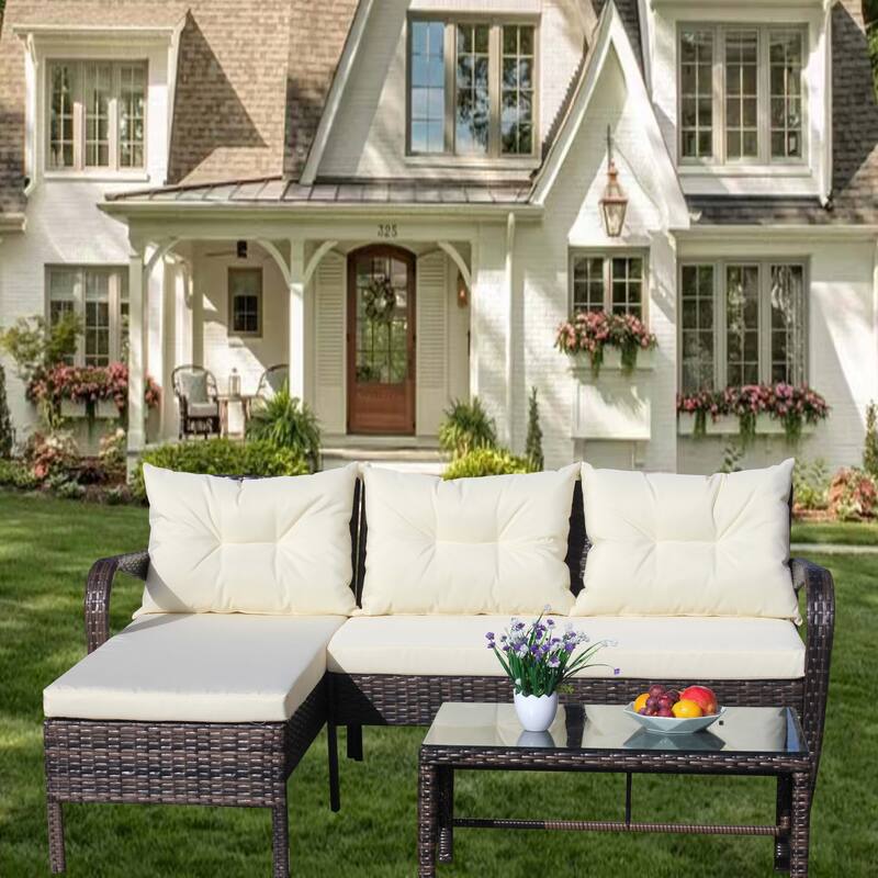 Brown 3-Piece Outdoor Wicker Rattan Sectional Sofa Set with Coffee Table - Brown