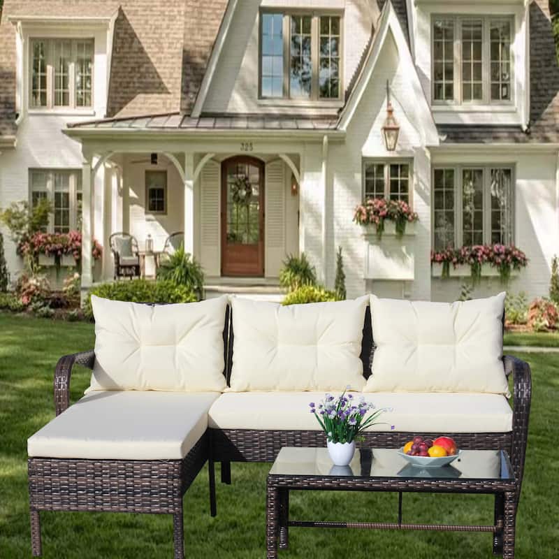 3 piece Conversation set wicker Ratten Sectional Sofa With Seat Cushions