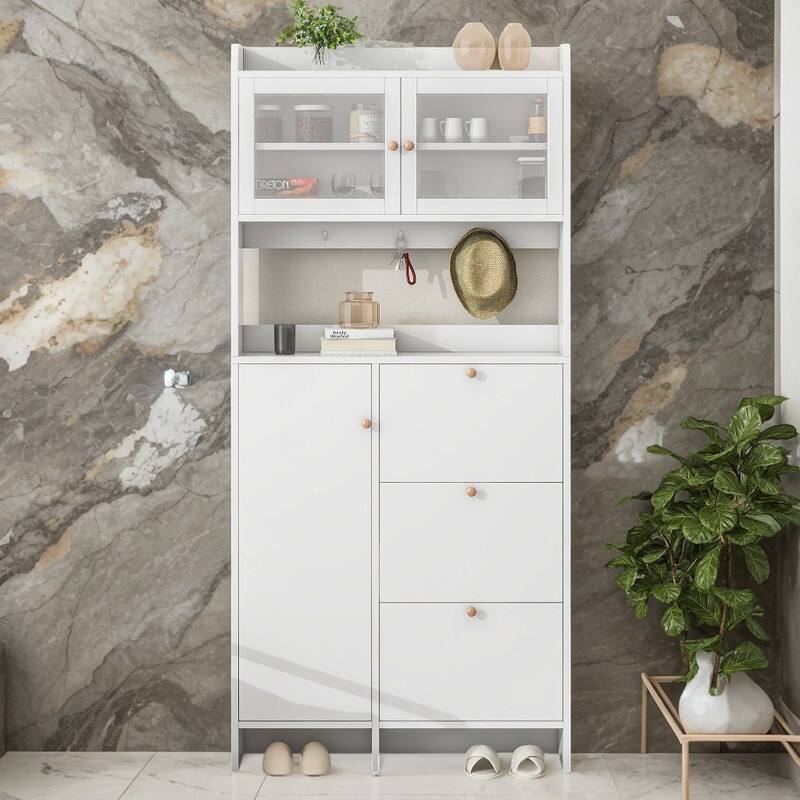 Hall Tree Shoe with Open Storage Space, Multifunctional Foyer with 3 Flip