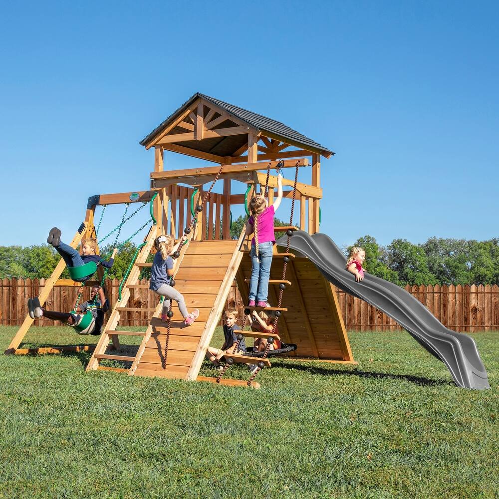Backyard Discovery Endeavor Cedar Wood Swing Set, Slide, Play Deck